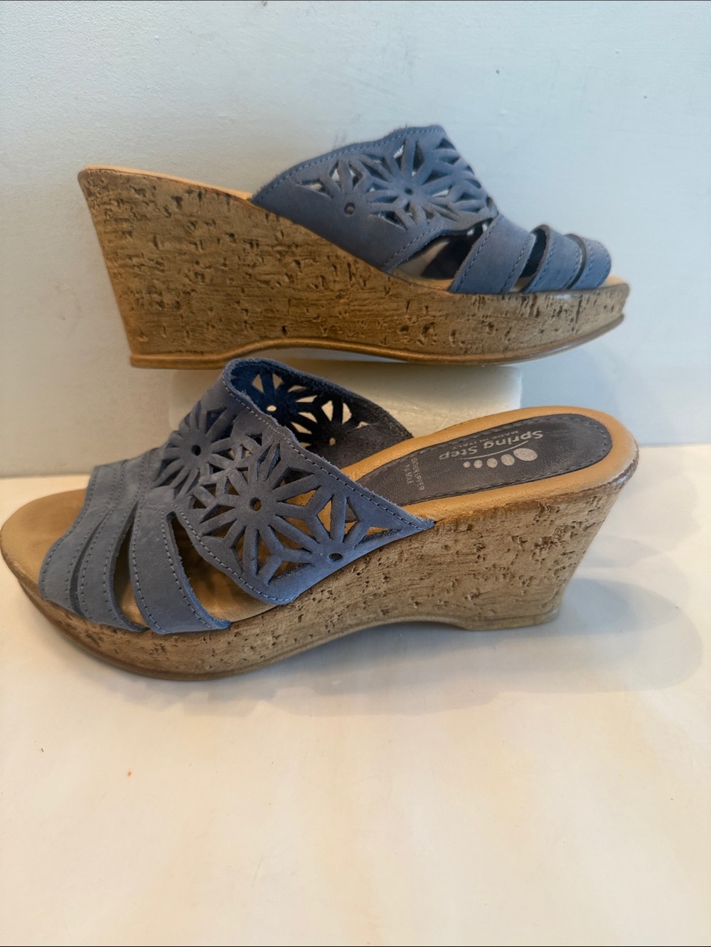 Spring Step leather lazer cut blue wedge sandals made in Italy